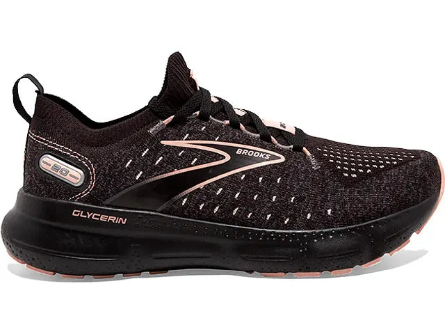 Women's Brooks Glycerin StealthFit 20, Black/Pearl/Peach, 9.5 B Medium