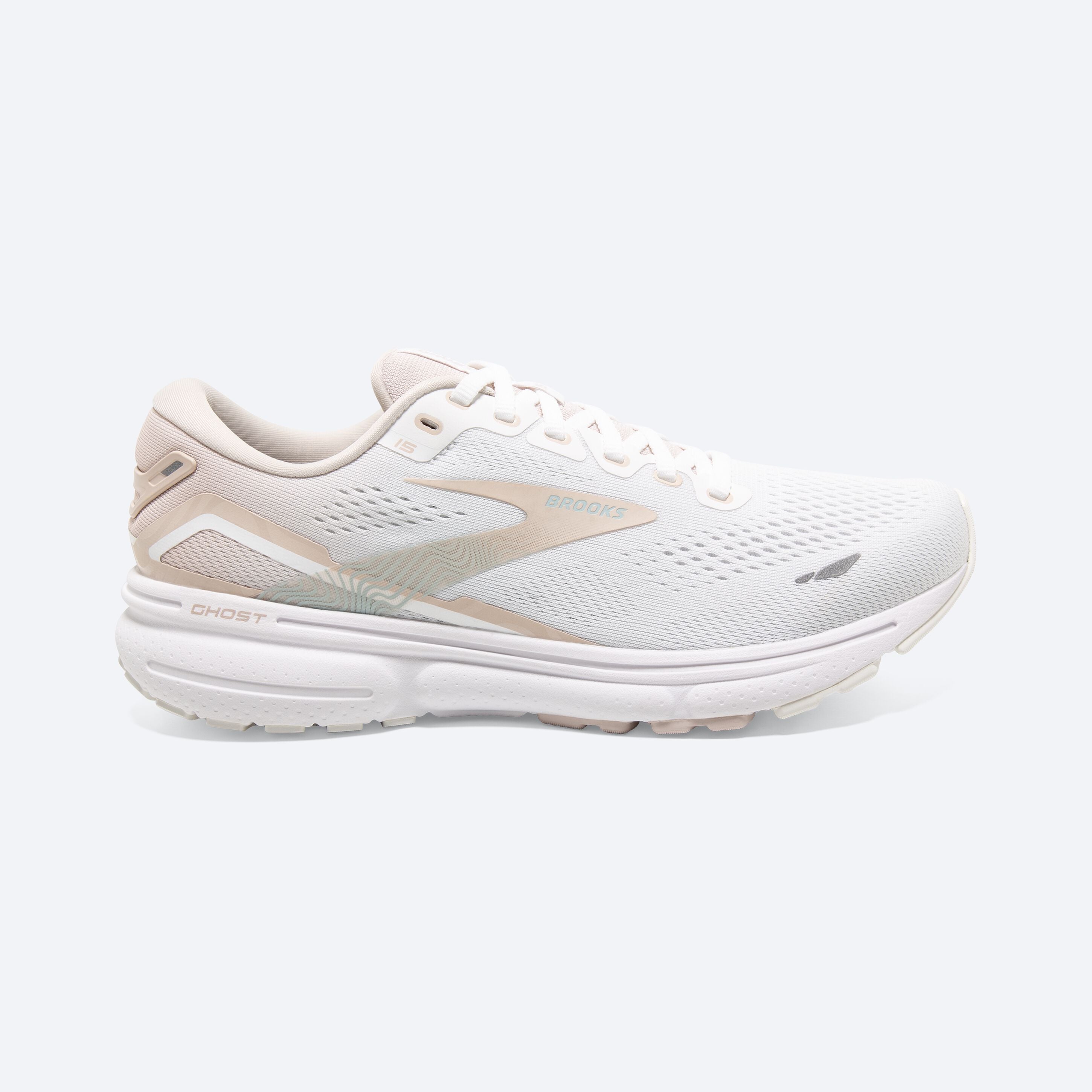 Women's Brooks Ghost 15, White/Crystal Grey/Glass, 8 B Medium