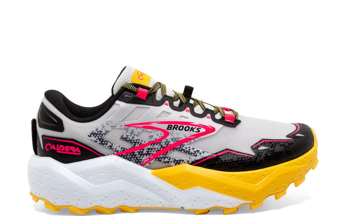 Side view on white background of Womens Brooks Caldera running shoe in Lunar Rock/Lemon Chrome/Black, Medium (Regular) width