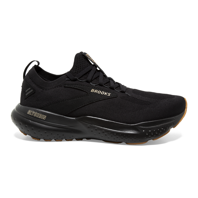 Side view on white background of Mens Brooks Glycerin StealthFit 21 running shoe in Black/Cream/Biscuit, Medium (Regular) width