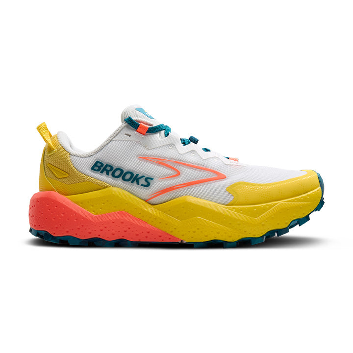 Side view on white background of Womens Brooks Caldera 8 running shoe in Bit of Blue/Quince/Flame, Medium (Regular) width
