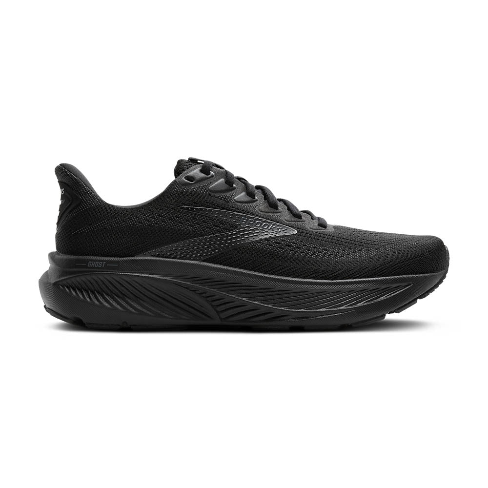 Side view on white background of Womens Brooks Ghost 17 running shoe in Black/Black/Ebony, Extra Wide width