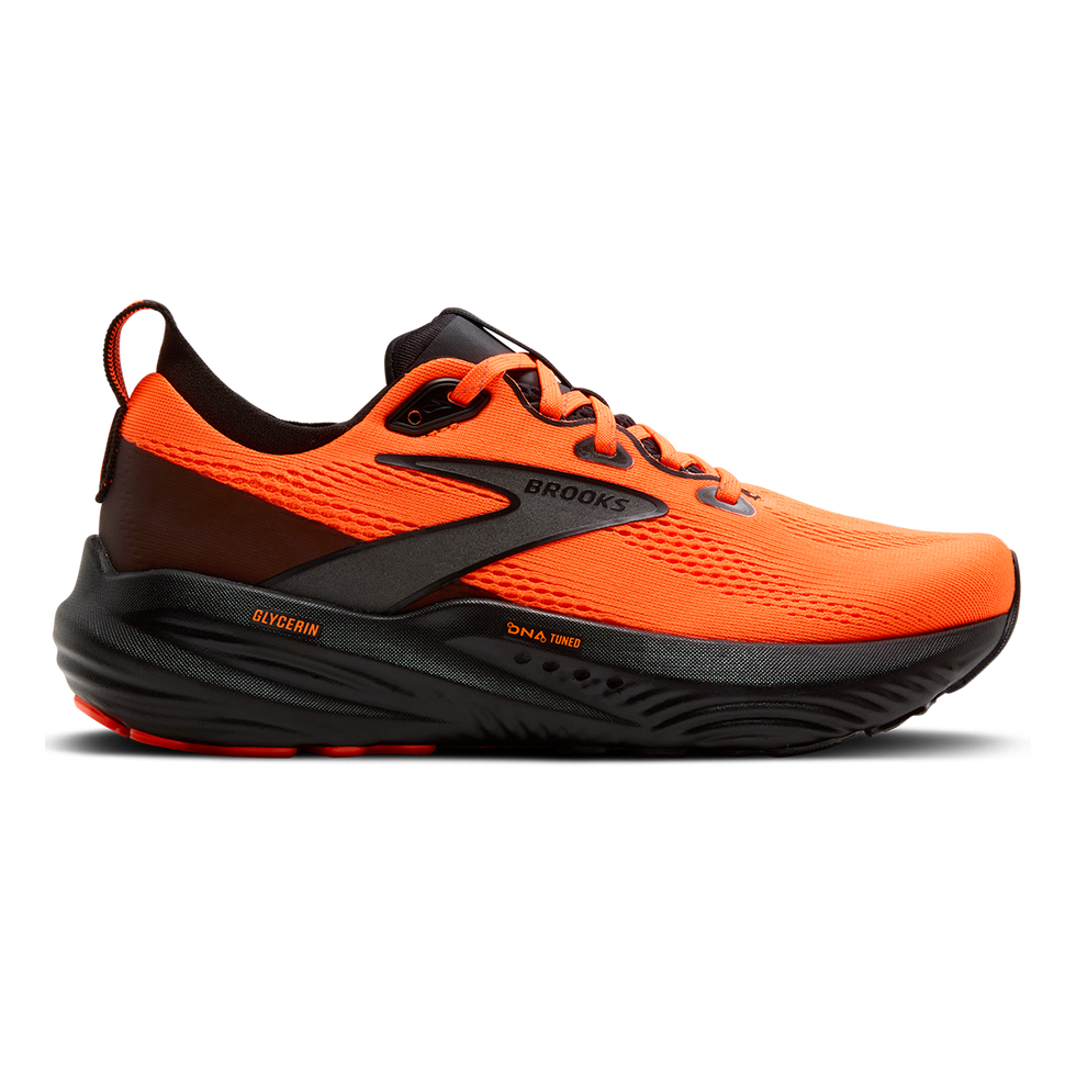 Side view on white background of Womens Brooks Glycerin 22 running shoe in Orange/Black, Medium (Regular) width