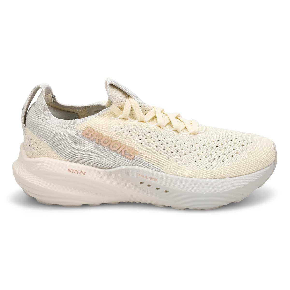 Side view on white background of Womens Brooks Glycerin StealthFit 22 running shoe in Coconut/Oyster/Rose, Medium (Regular) width