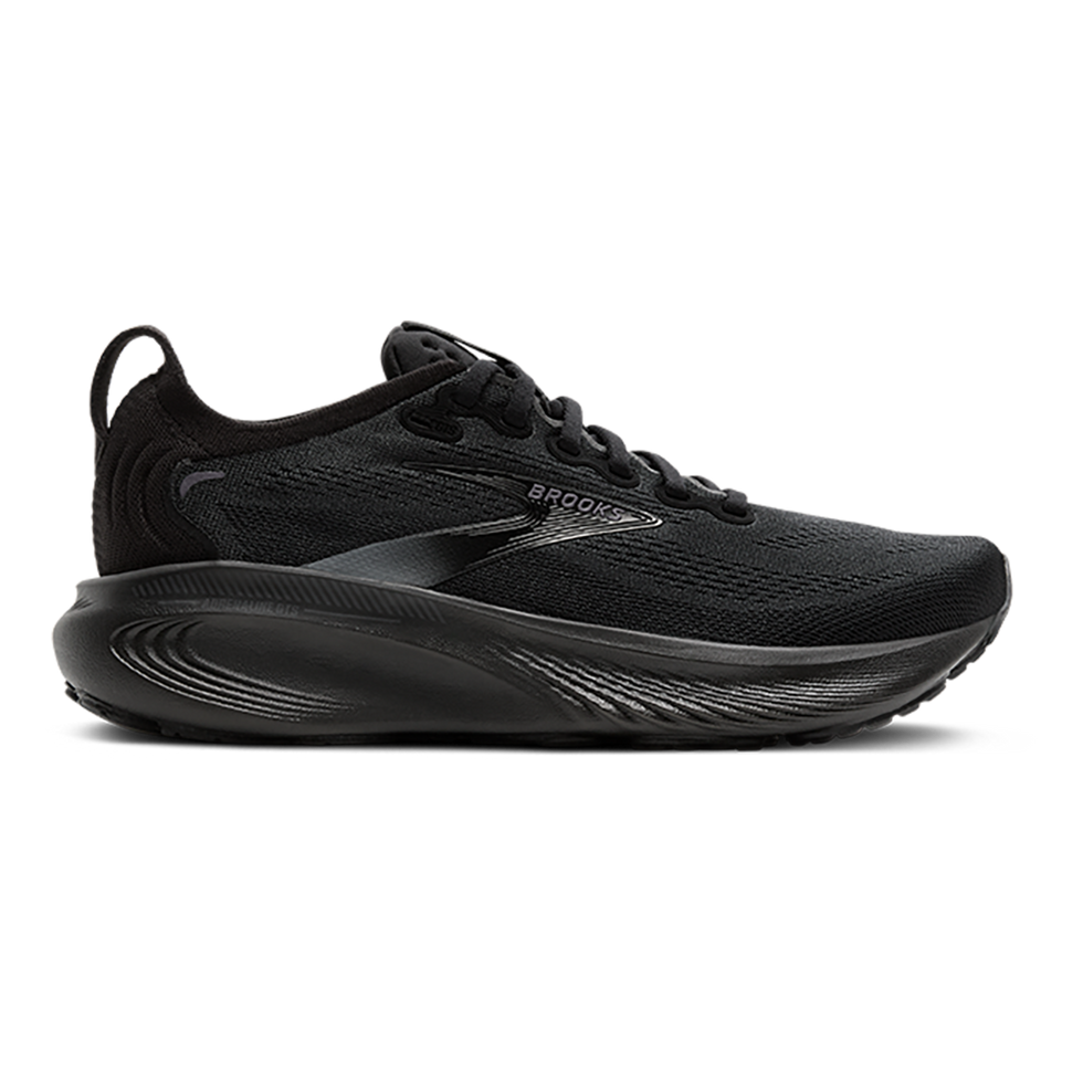 Side view on white background of Womens Brooks Adrenaline GTS 25 running shoe in Black/Black/Ebony, Extra Wide width