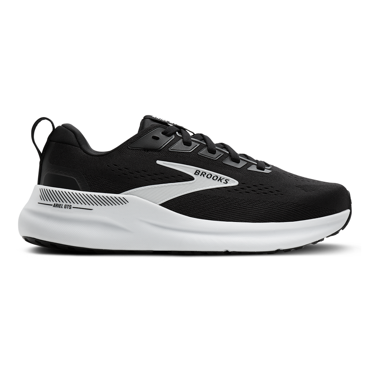 Side view on white background of Womens Brooks Ariel GTS 26 running shoe in Black/Grey/White, Extra Wide width