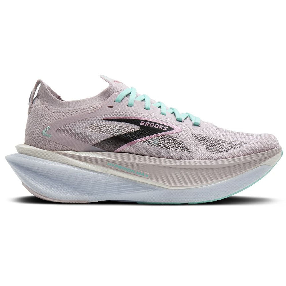 Side view on white background of Womens Brooks Hyperion running shoe in Pink/Yucca/Black, Medium (Regular) width