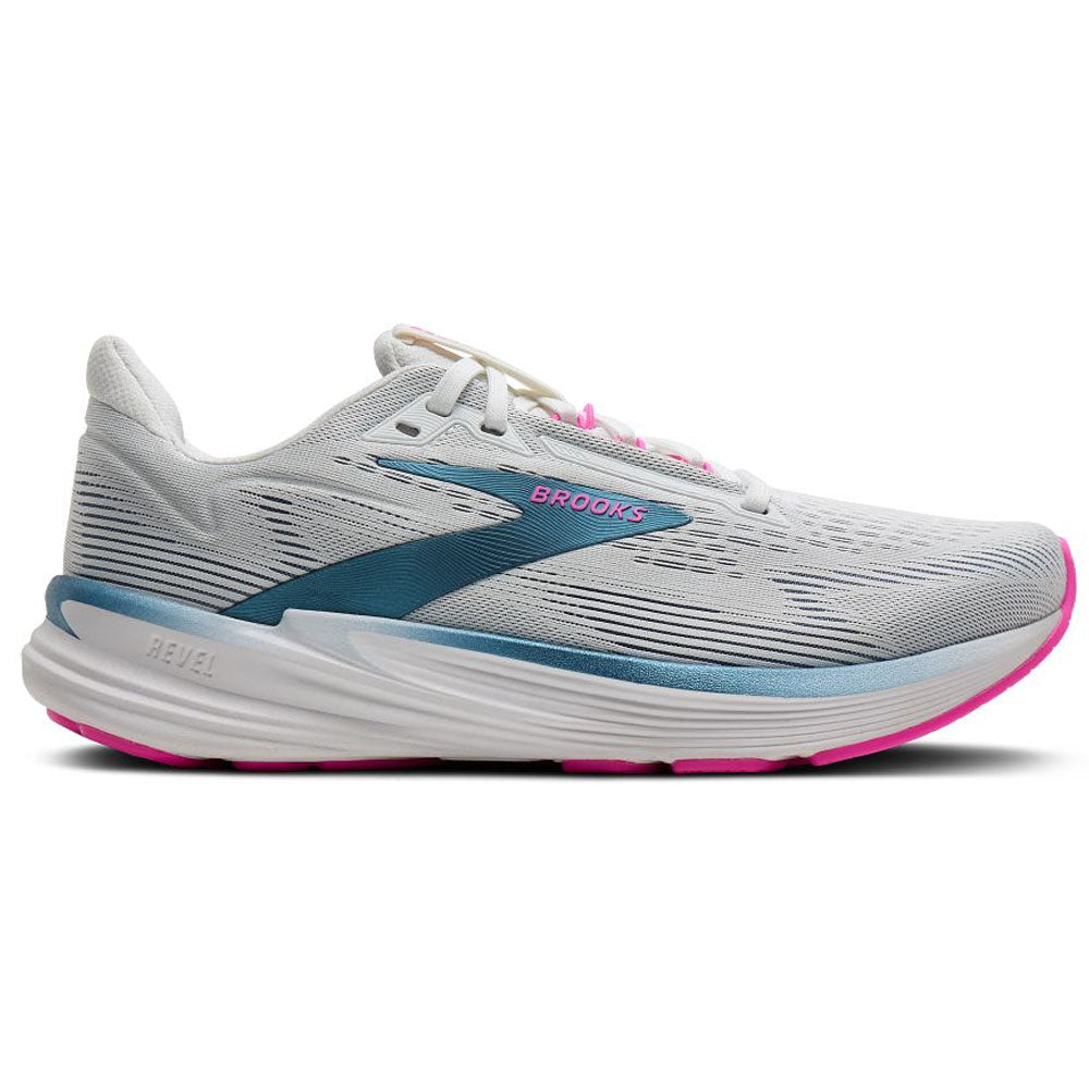 Side view on white background of Womens Brooks Revel running shoe in White/Moonlight/Pink, Medium (Regular) width