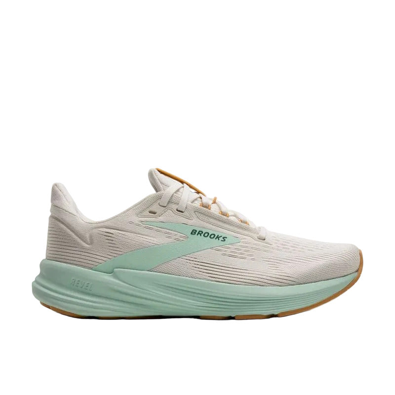 Side view on white background of Womens Brooks Revel 8 running shoe in Coconut/Taffy/Honeydew, Medium (Regular) width