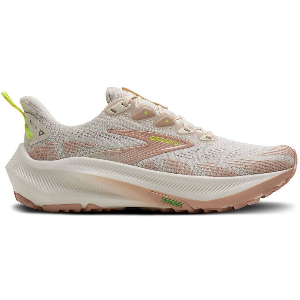 Side view on white background of Womens Brooks Ghost running shoe in Arctic Wolf/Rose/Nightlife, Medium (Regular) width