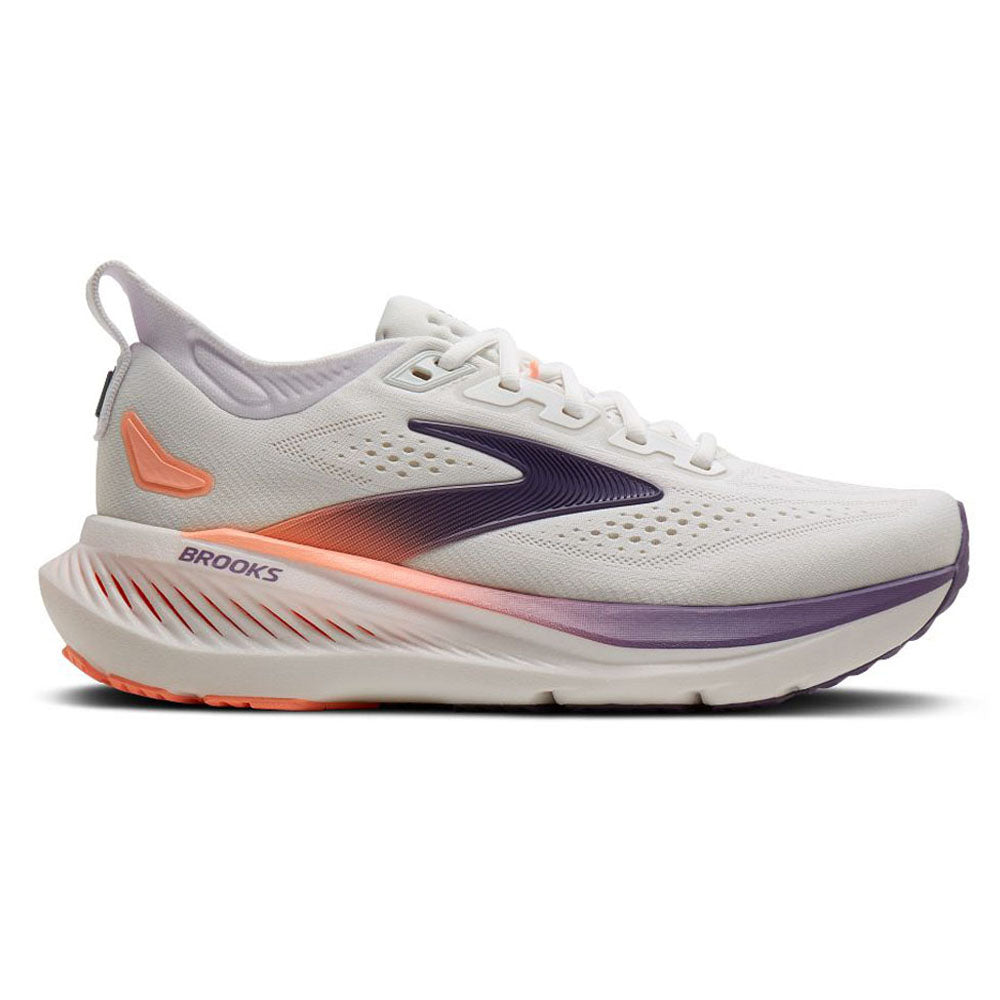 Side view on white background of Womens Brooks Glycerin running shoe in White/Mulled Grape/Clear, Medium (Regular) width