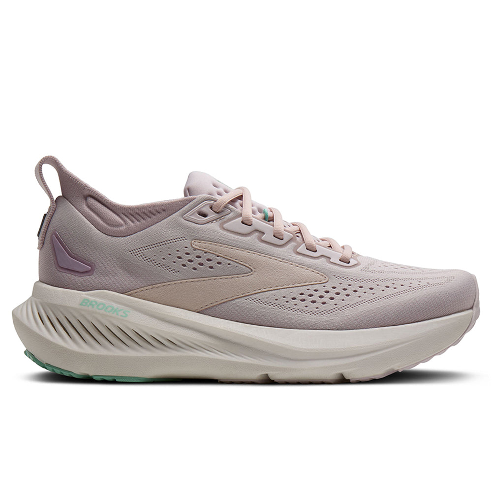 Side view on white background of Womens Brooks Glycerin running shoe in Pink/Harbor Mist/Yucca, Medium (Regular) width