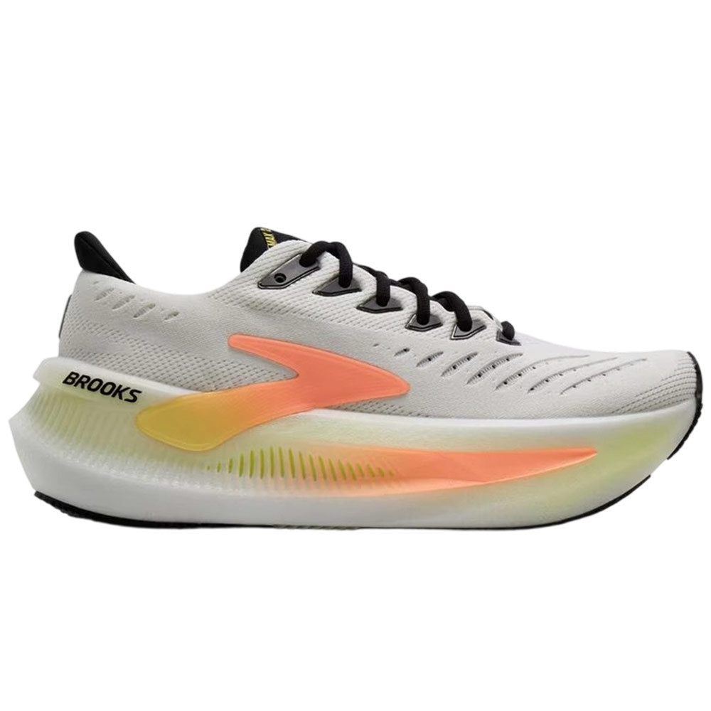 Side view on white background of Womens Brooks Glycerin Max 2 running shoe in White/Cyber Yellow/Nightlife, Medium (Regular) width