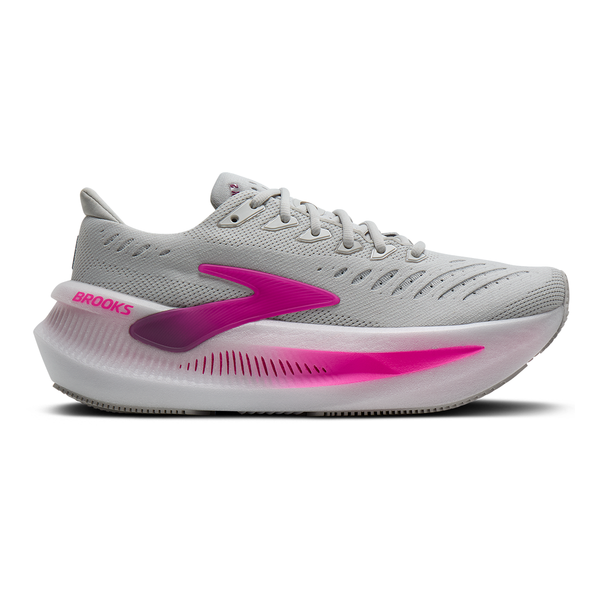Side view on white background of Womens Brooks Glycerin Max 2 running shoe in Oyster/Argyle/Cyber Pink, Medium (Regular) width
