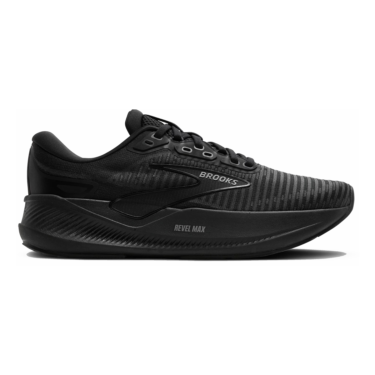 Side view on white background of Womens Brooks Revel Max running shoe in Black/Black/Ebony, Medium (Regular) width