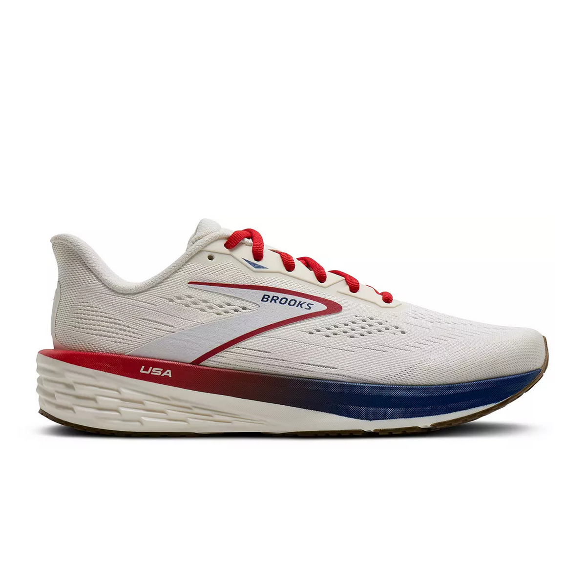 Side view on white background of Mens Brooks Launch 12 running shoe in Coconut/Red/Blue, Medium (Regular) width