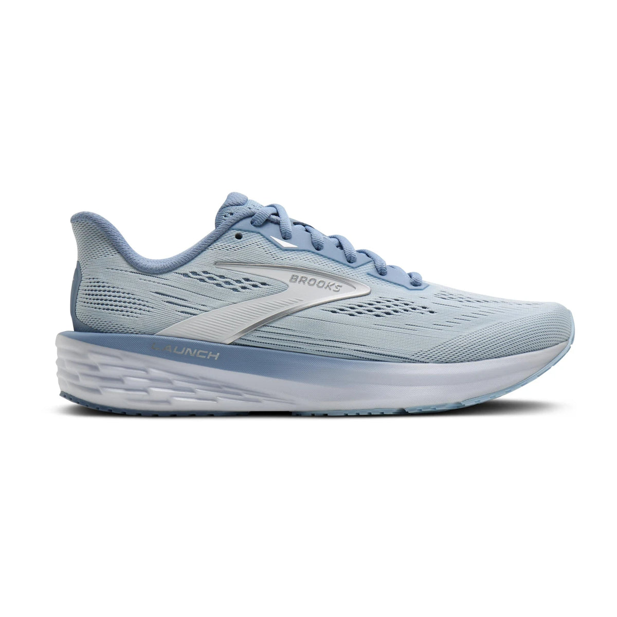 Side view on white background of Womens Brooks Launch 12 running shoe in Rainwashed/Nantucket/Chrome, Medium (Regular) width