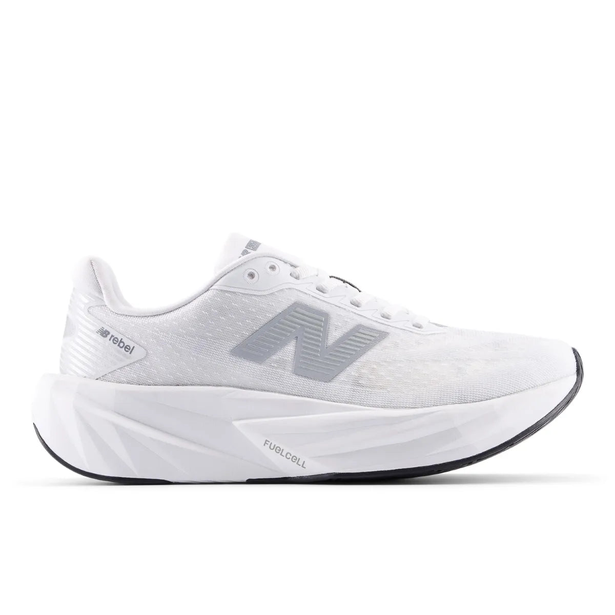 Side view on white background of Womens New Balance FuelCell Rebel v5 running shoe in White/Silver Metallic/Black, Medium (Regular) width