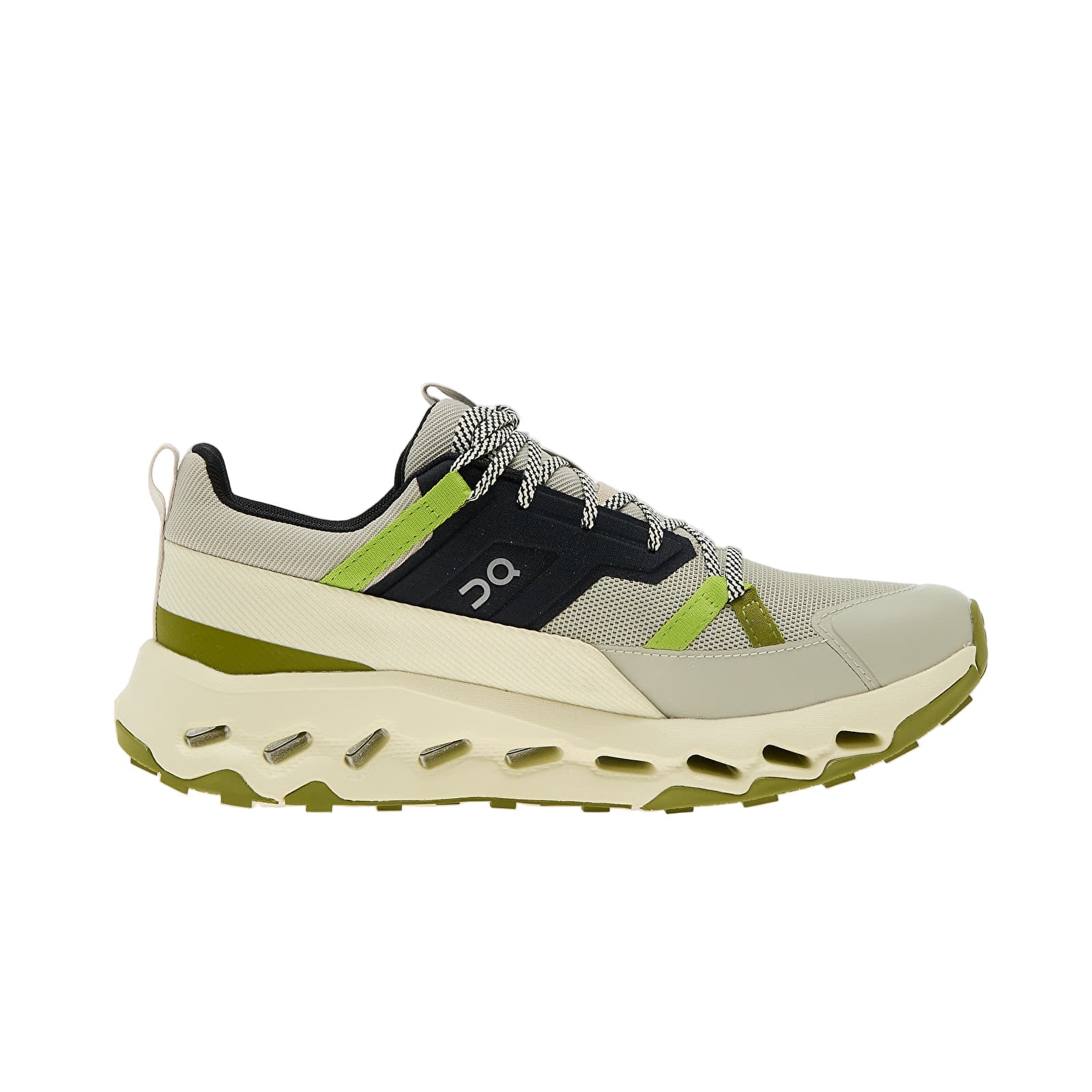 Side view on white background of Mens On Cloudhorizon running shoe in Chalk/Seedling, Medium (Regular) width