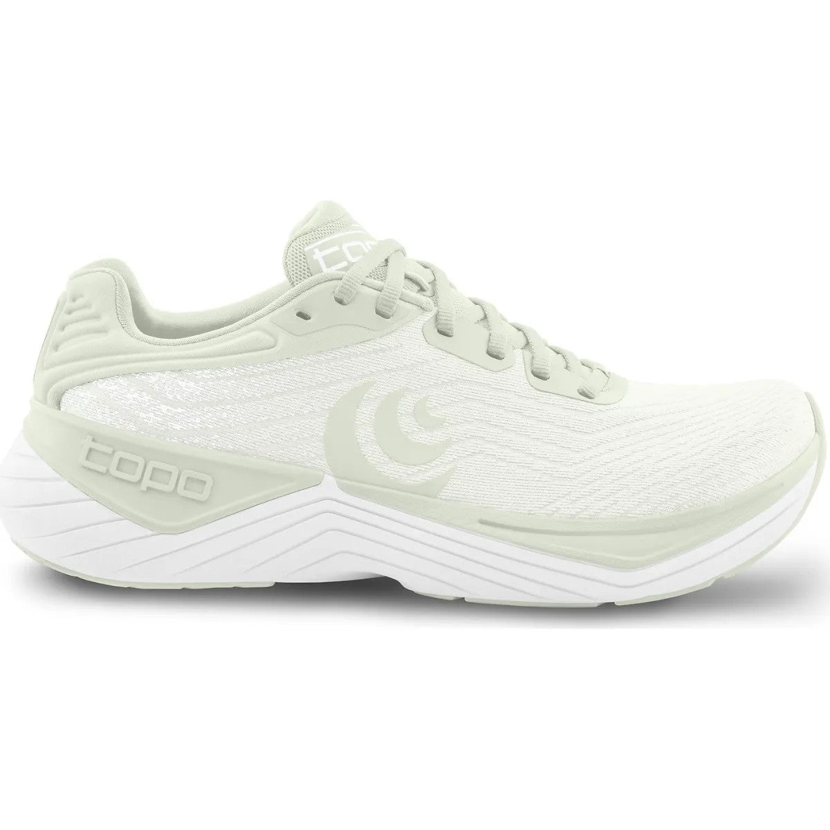 Side view on white background of Womens Topo Athletic Ultrafly 5 running shoe in Grey/White, Medium (Regular) width