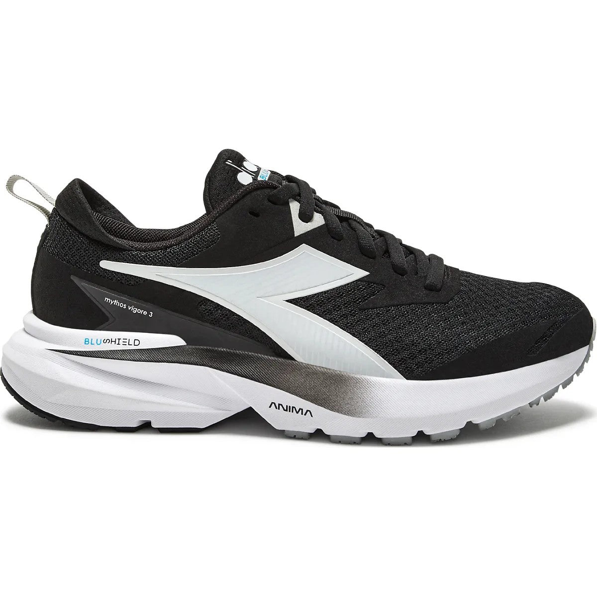 Side view on white background of Womens Diadora Mythos Blushield Vigore 3 running shoe in Black/White, Wide width