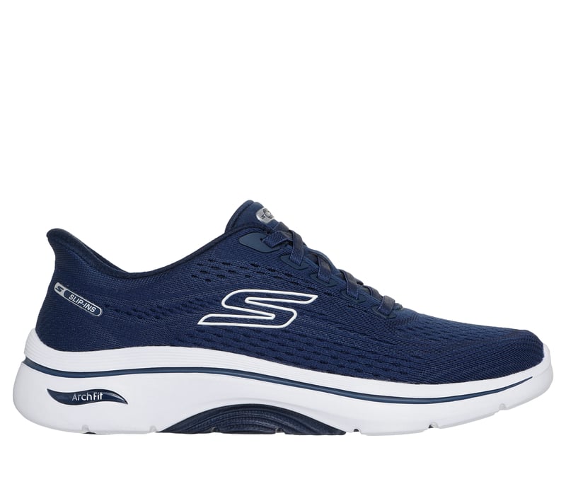 Side view on white background of Womens Skechers Go Walk Arch Fit 2.0 running shoe in Navy/White, Medium (Regular) width