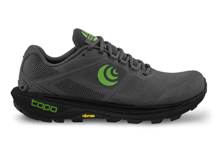 Side view on white background of Mens Topo Athletic Terraventure 4 running shoe in Dark Grey/Green, Wide width