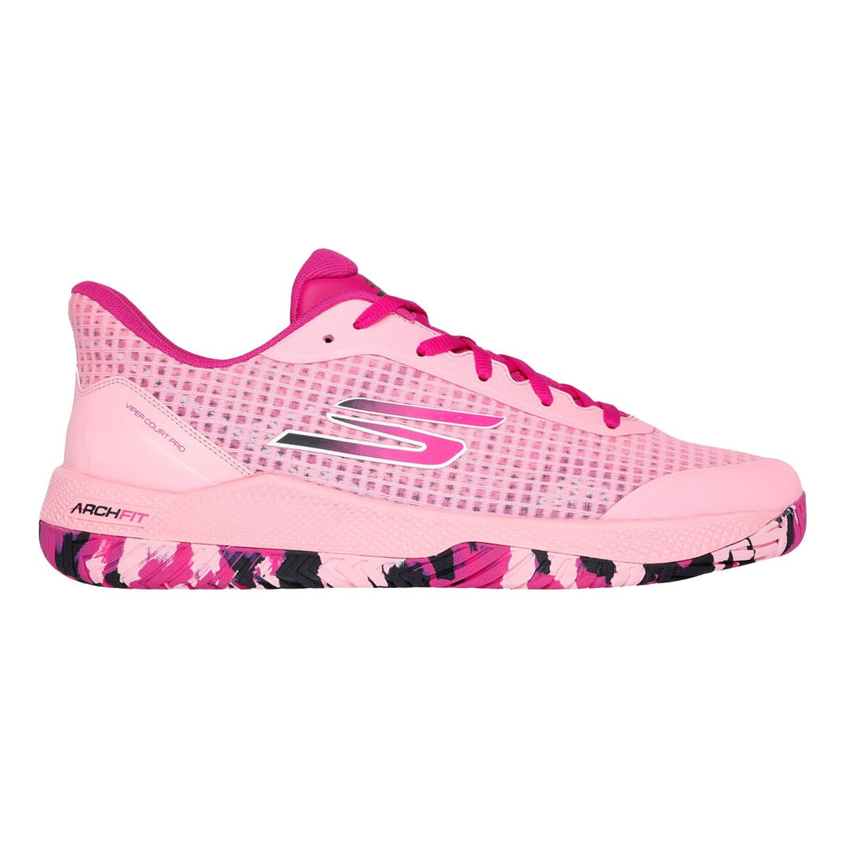 Side view on white background of Womens Skechers Viper Court Pro running shoe in Pink, Medium (Regular) width