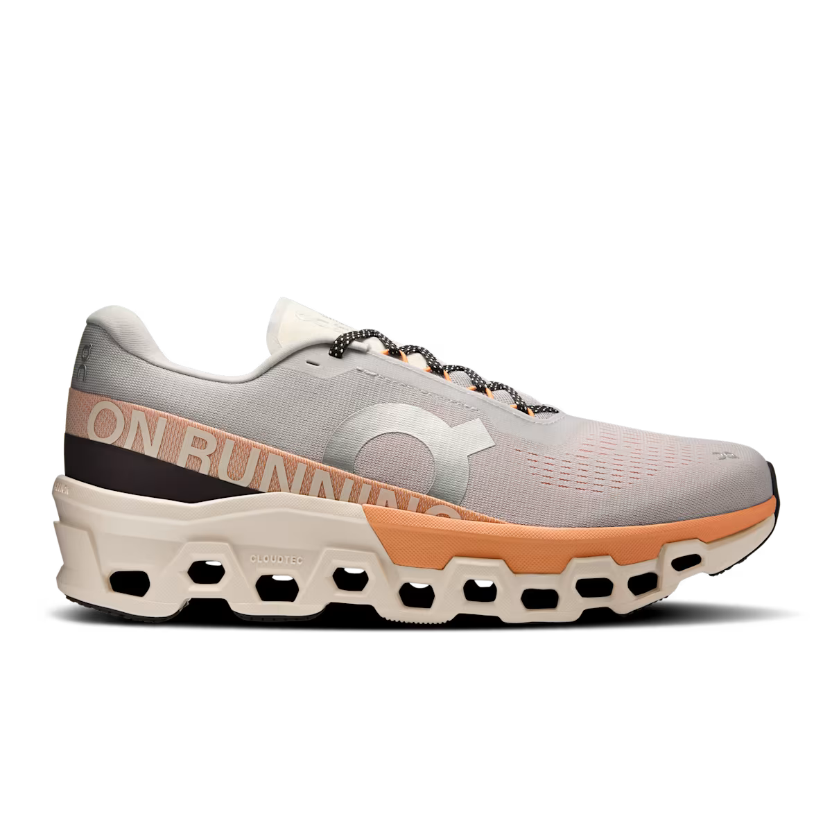 Side view on white background of Mens On Cloudmonster 2 running shoe in Glacier/Tangerine, Medium (Regular) width