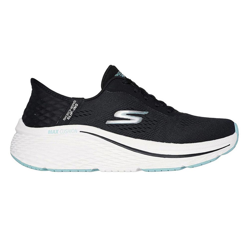 Side view on white background of Womens Skechers Max Cushioning Elite 2.0 - Vanish running shoe in Black/Blue, Medium (Regular) width