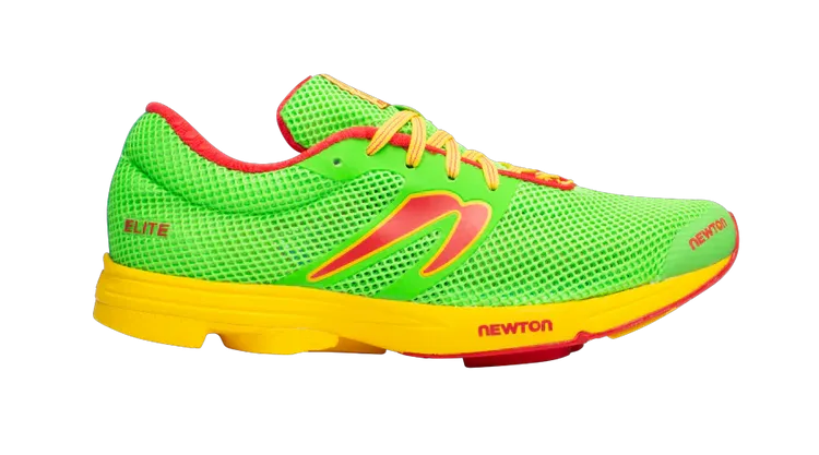Side view on white background of Mens Newton Running Distance Elite running shoe in Green/Red, Medium (Regular) width