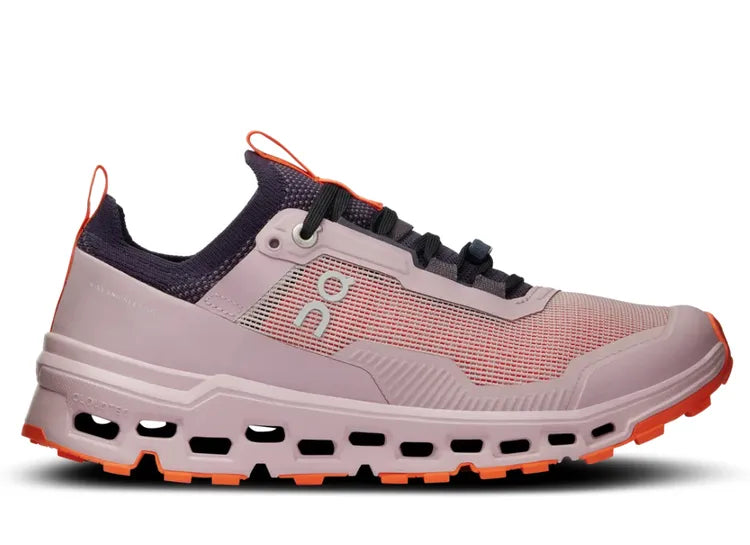 Side view on white background of Womens On Cloudultra 2 running shoe in Mauve/Flame, Medium (Regular) width