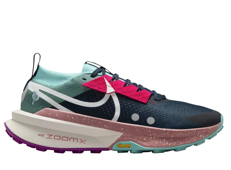 Side view on white background of Mens Nike ZoomX Zegama Trail 2 running shoe in Armory Navy/Sail-Green Frost, Medium (Regular) width
