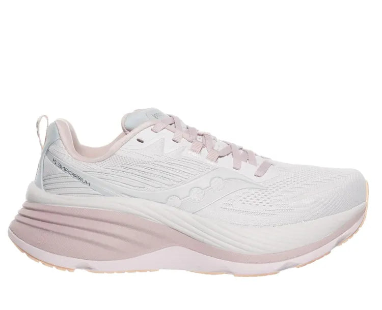 Side view on white background of Womens Saucony Hurricane 24 running shoe in Cloud/Boom, Medium (Regular) width