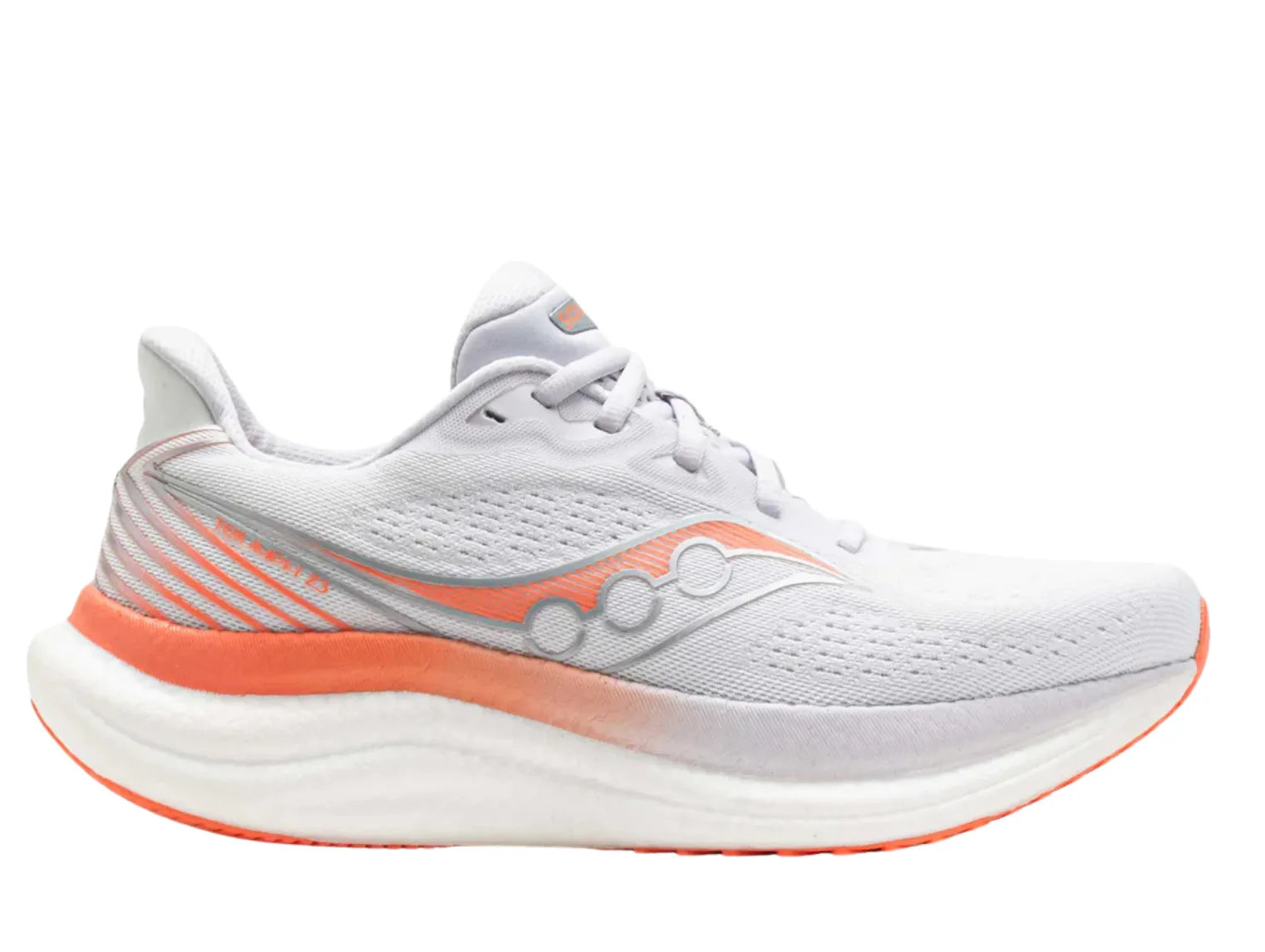 Side view on white background of Womens Saucony Triumph 23 running shoe in White/Wistful, Medium (Regular) width