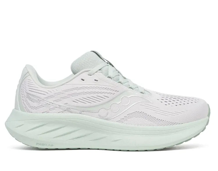 Side view on white background of Womens Saucony Ride 18 running shoe in Fog/Mint, Medium (Regular) width