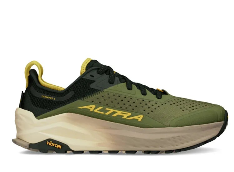 Side view on white background of Mens Altra Olympus 6 running shoe in Dusty Olive, Medium (Regular) width