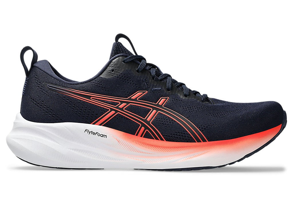 Side view on white background of Womens Asics Gel-Pulse 16 running shoe in Midnight/Coral Reef, Medium (Regular) width