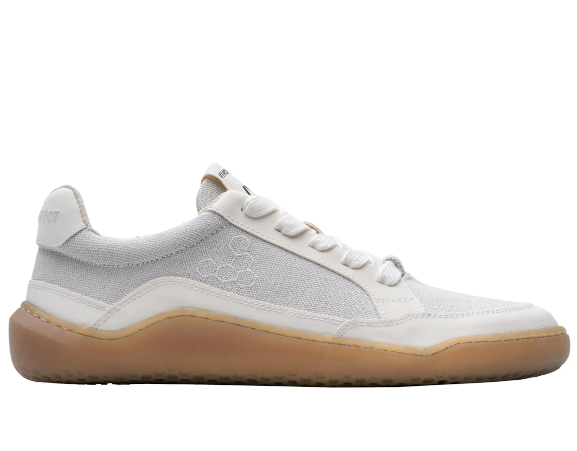 Side view on white background of Mens Vivobarefoot Gobi Sneaker Premium running shoe in Cement, Medium (Regular) width