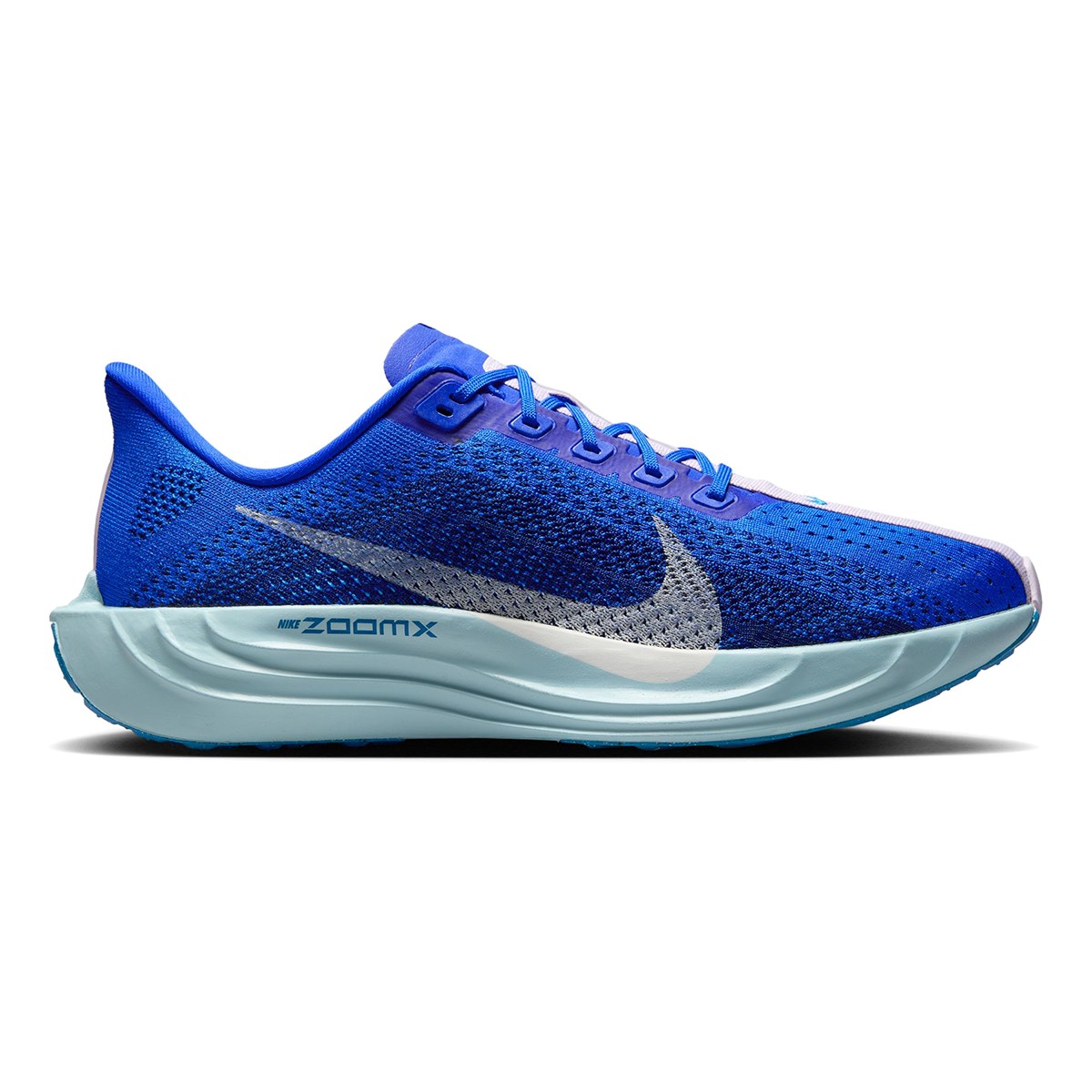 Side view on white background of Mens Nike Pegasus Plus running shoe in Racer Blue/Sail-Blue Void-Doll, Medium (Regular) width