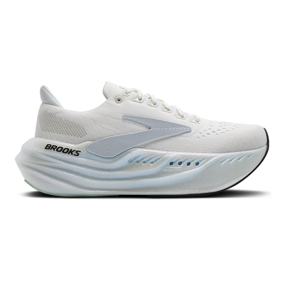 Side view on white background of Womens Brooks Glycerin Max running shoe in Pearlized White/Bay, Medium (Regular) width