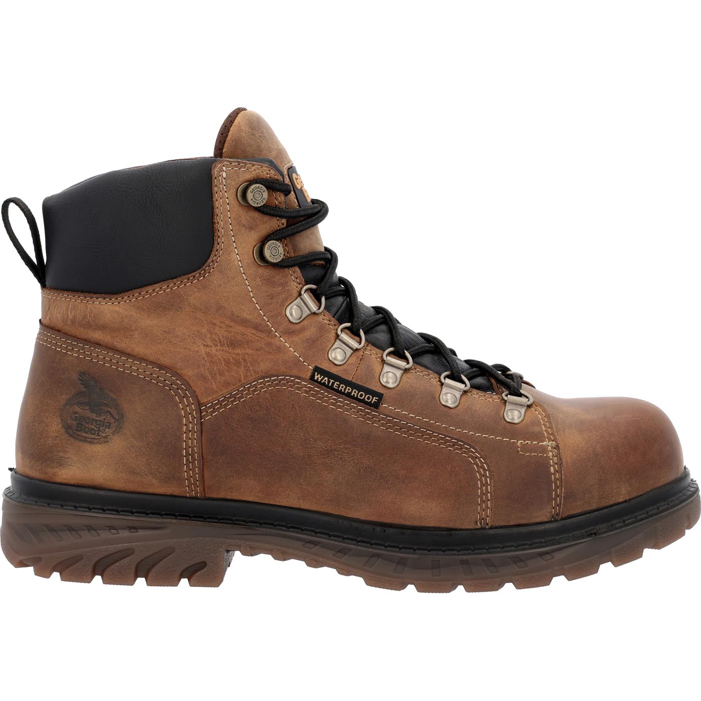 Side view on white background of Mens Georgia Boot 6" Steel Toe Work Boot running shoe in Brown, Medium (Regular) width