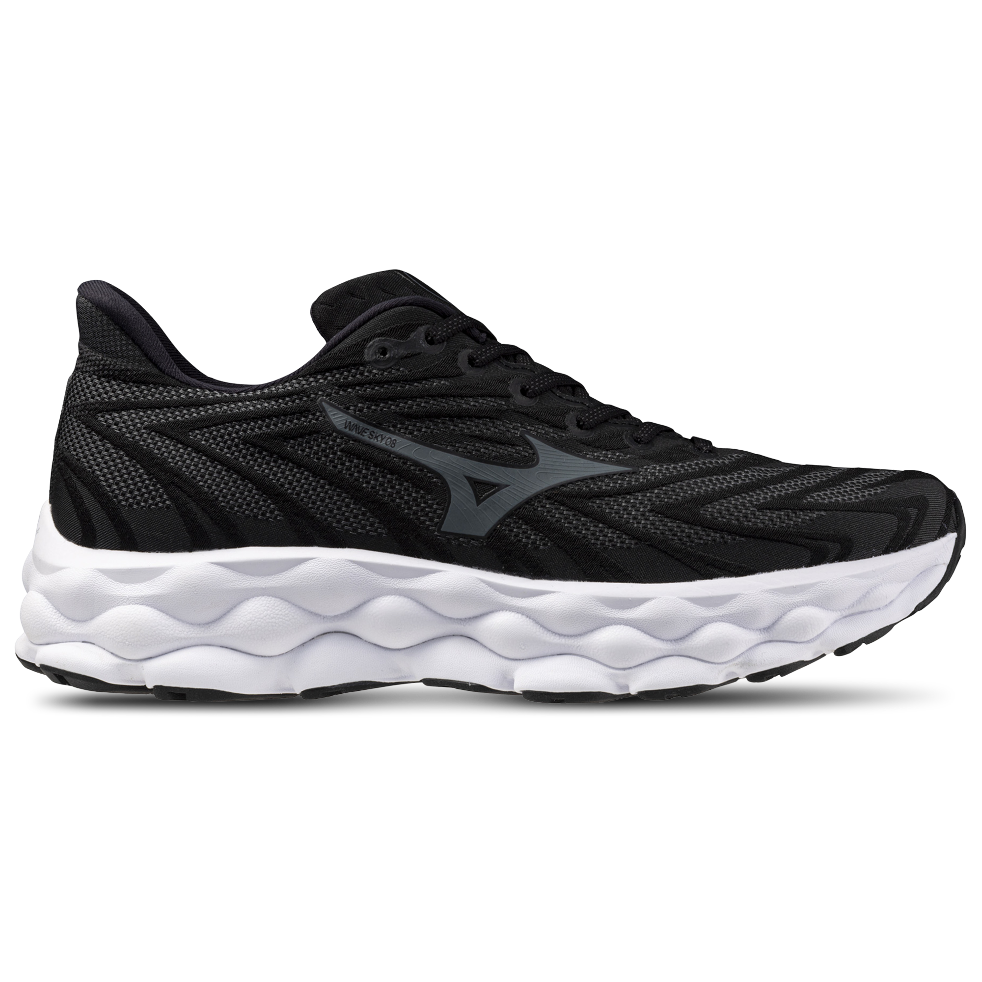 Side view on white background of Mens Mizuno Wave Sky 8 running shoe in Black/Metallic Grey, Medium (Regular) width