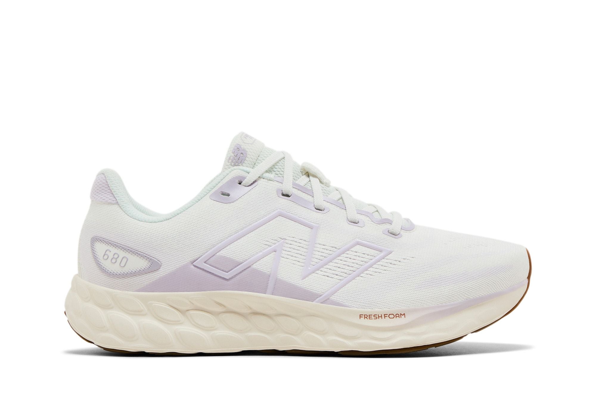 Side view on white background of Womens New Balance Fresh Foam 680v8 running shoe in Sea Salt/Taro, Medium (Regular) width