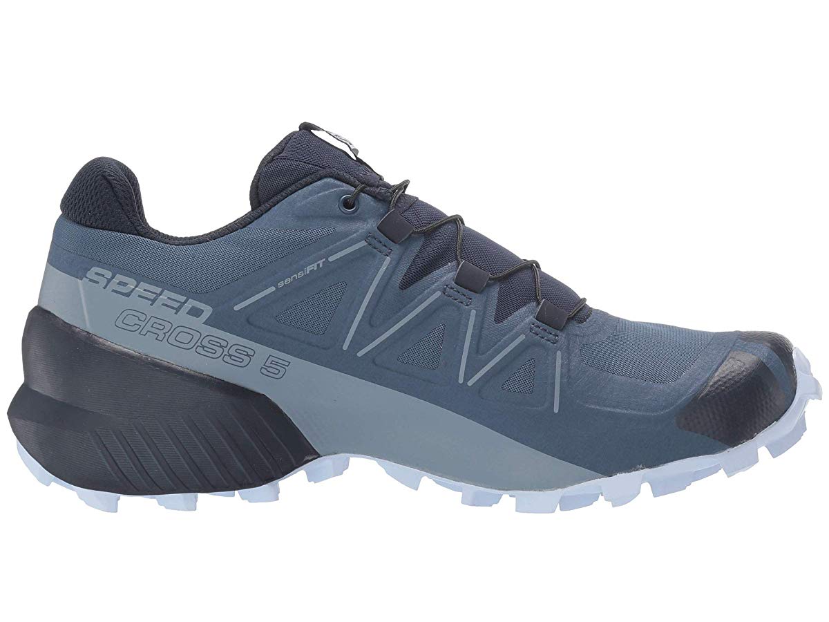 Side view on white background of Womens Salomon Speedcross 5 running shoe in Sargasso Sea/Navy Blazer/Heather, Medium (Regular) width