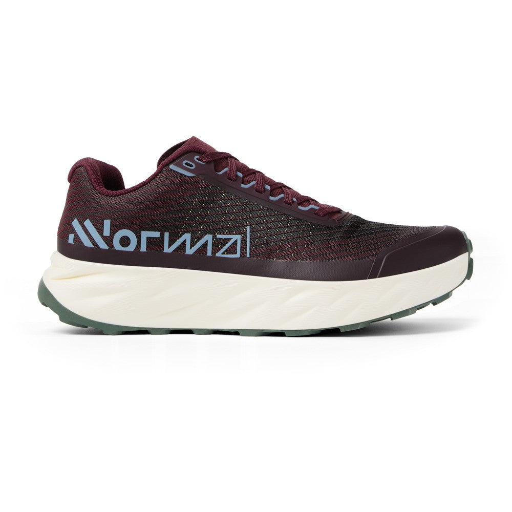 Side view on white background of Womens Nnormal Kjerag 02 running shoe in Burgundy, Medium (Regular) width