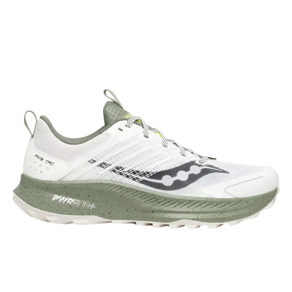 Side view on white background of Mens Saucony Ride TR2 running shoe in White/Olivine, Medium (Regular) width