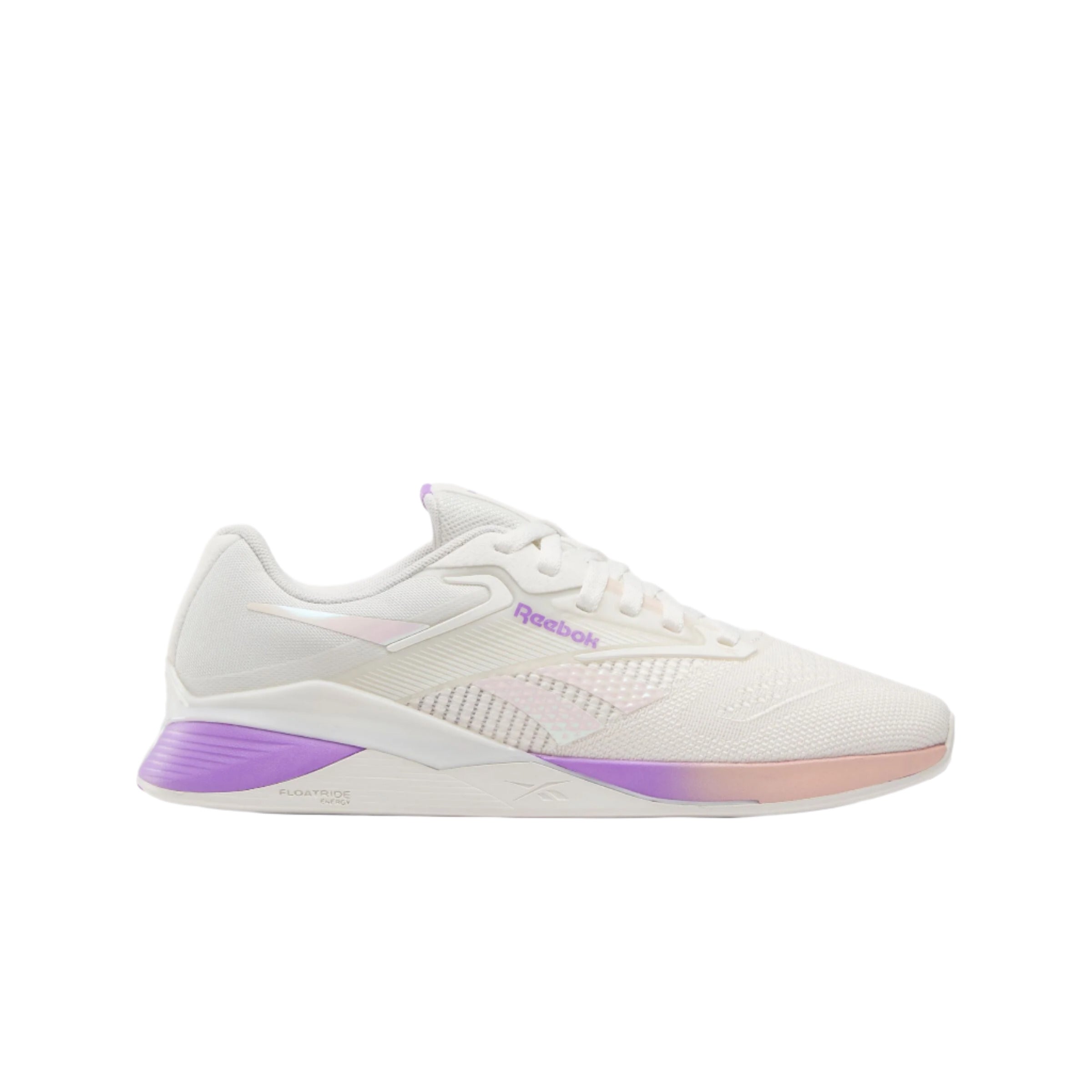 Side view on white background of Womens Reebok Nano X4 running shoe in Chalk and Washed Clay and Digital Purple, Medium width