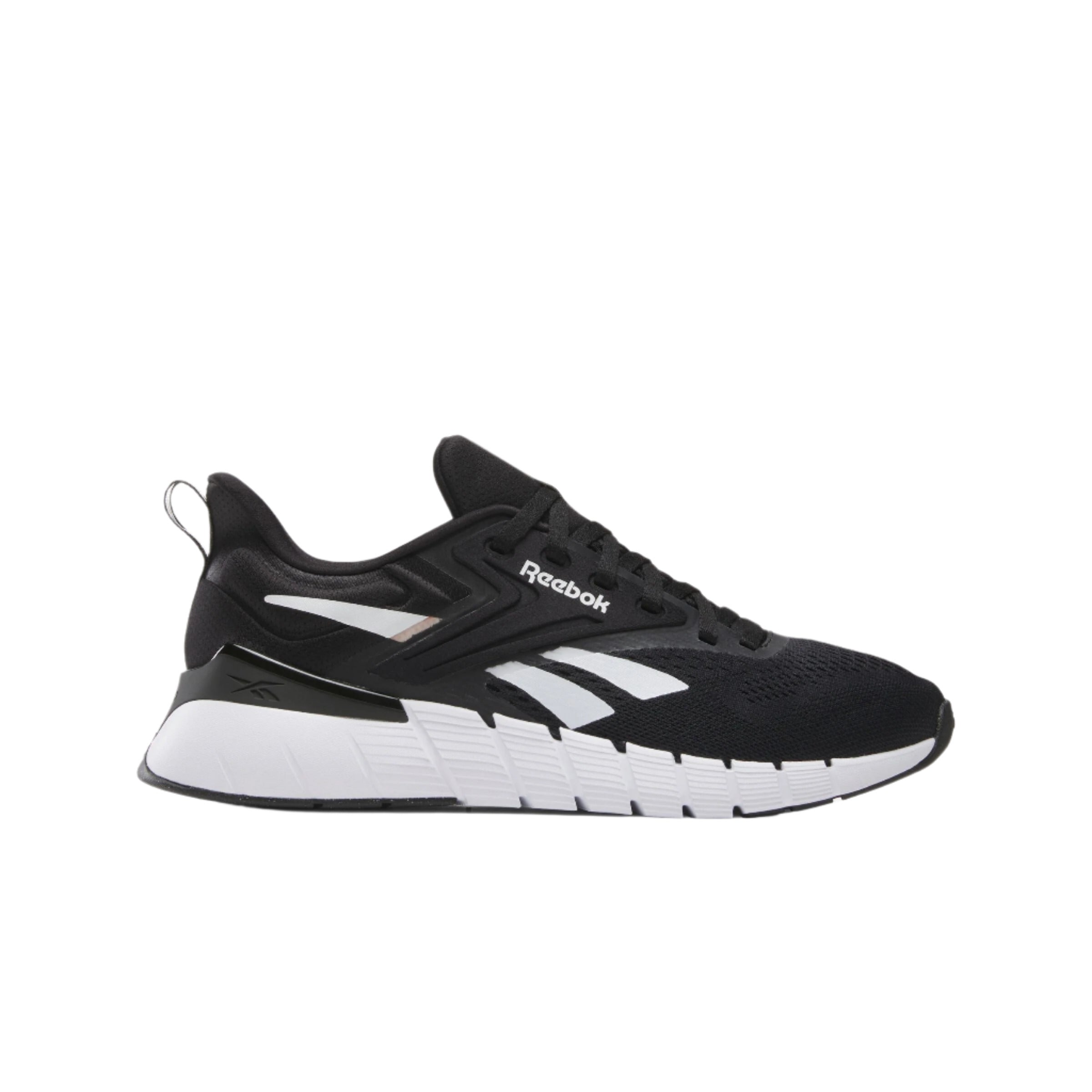 Side view on white background of Womens Reebok Nano Gym running shoe in Black/White, Medium (Regular) width