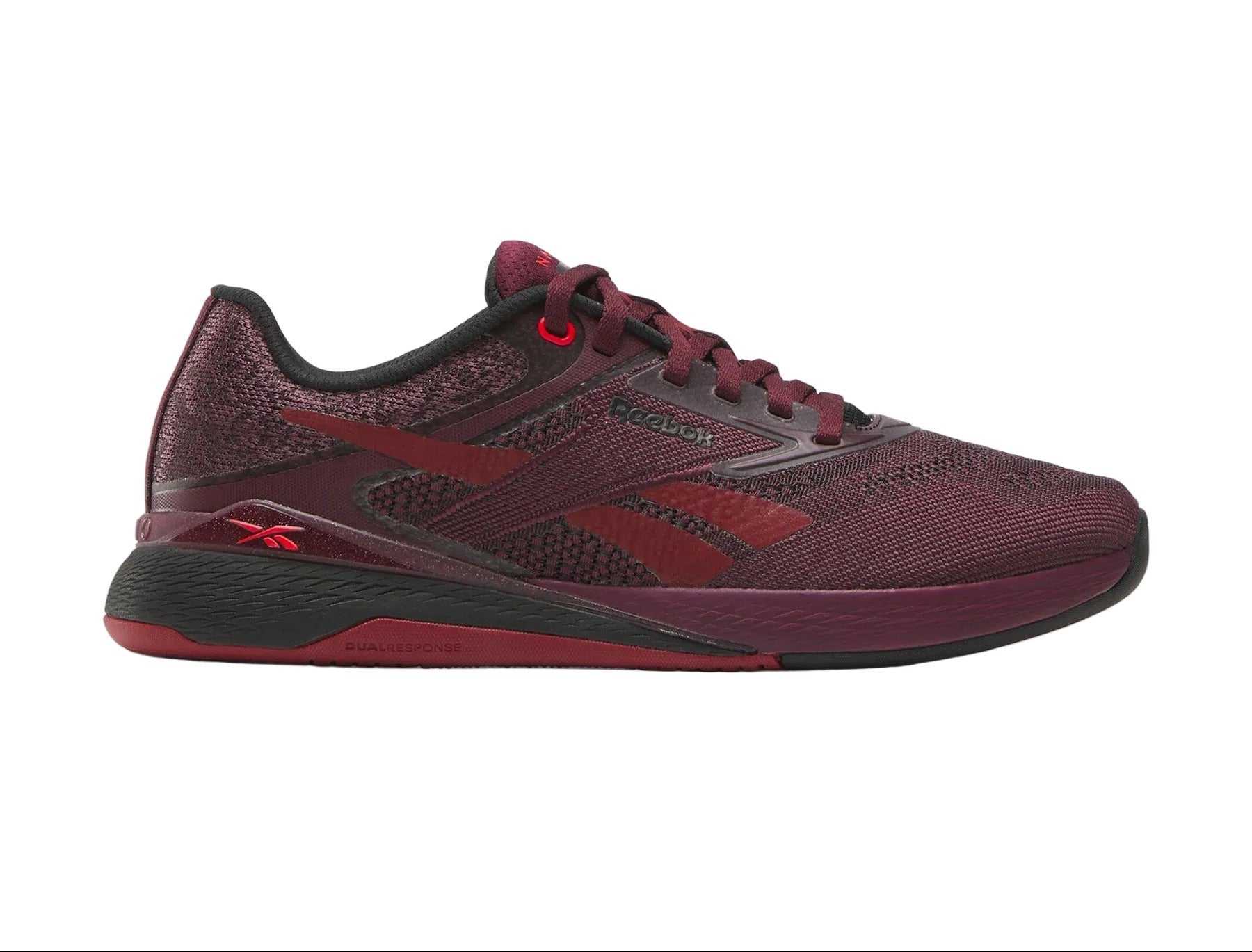 Side view on white background of Womens Reebok Nano X5 running shoe in Black Cherry/Black/Retro Red, Medium (Regular) width